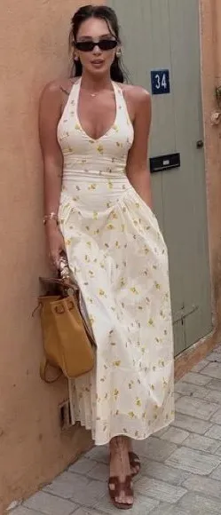 ZARA Lemon Print Halter Midi Dress Cream Yellow NWT Size M thumbnail 1