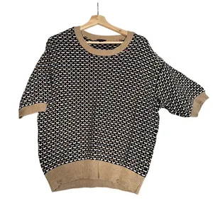 VTG Ann Taylor Factory Sweater Womens Sz XLHoliday Black Tan Short Sleeve Top thumbnail 1