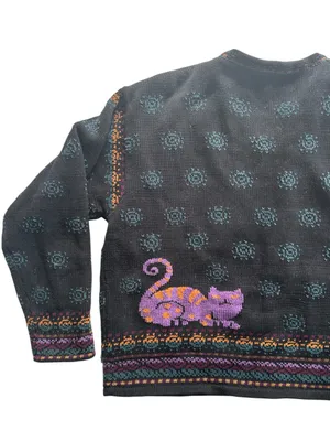 Vintage Cat Knit Sweater Jacket Sz L Novelty Folk Art Granny Cottage Whimsigoth thumbnail 9
