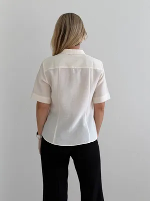 AMII Ivory Textured Short Sleeve Button Down Shirt Gold Buttons M thumbnail 5