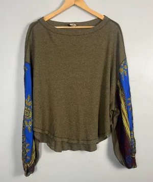Free People We the Free Top Womens small Green Blouson Sleeve Waffle Oversized thumbnail 2