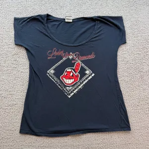Cleveland Indians Campus Lifestyle Navy Blue Chief Wahoo Rhinestone Tee M thumbnail 1