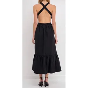 English Factory Dress Black Open‎ Back Crisscross Strap Tiered Midi Small NEW thumbnail 3