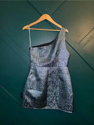 Modern Dream Teal Metallic Jacquard One-Shoulder Mini Party Dress thumbnail 3