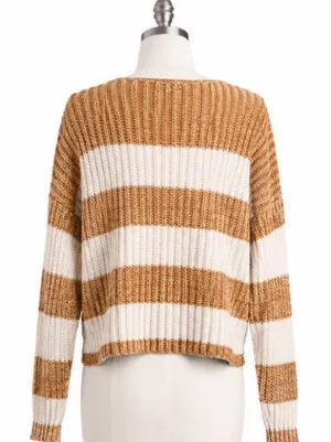 American Eagle Cropped Striped Henley Sweater Size Medium Tan Cream Chunky Knit thumbnail 3