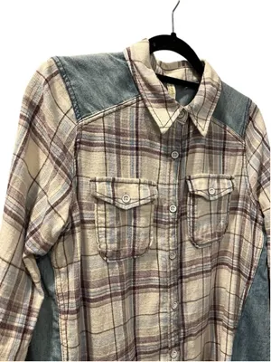 Free People Road Trip Getaway Plaid Flannel Denim Button Up Shirt Size Medium thumbnail 7