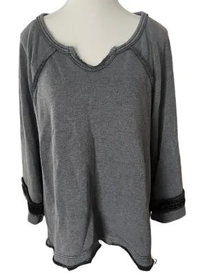 Free People Charcoal Gray Oversized Bell Crochet Notched V-Neck Top Medium‎ thumbnail 1