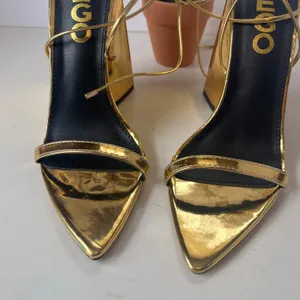 EGO Gold Lace Up Chunky Heel Womens Shoes Sz 5 Y2K Club Glam Metallic Pointed thumbnail 5