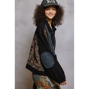 POL Black Bandana Patchwork Waffle Knit Quilted Jacket GKJ37 Womens Medium thumbnail 4