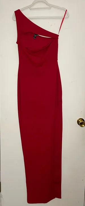 Red one shoulder maxi dress with slit and cutout detail. thumbnail 1