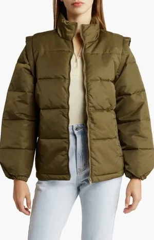 NWT!! WEWOREWHAT Zip Off Sleeve Nylon Puffer Jacket Military Olive Medium thumbnail 1