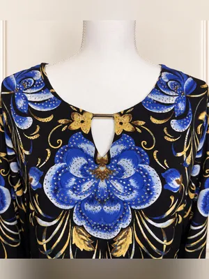 JM Collection Floral Rhinestone Keyhole Tunic Top M Black Blue Gold Floral Glam thumbnail 3