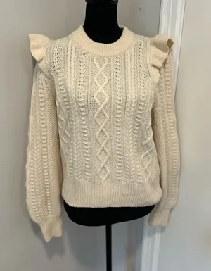 Madewell Hollydene Sz:M Merino Wool ruffle shoulders cream cable-knit sweater. thumbnail 1