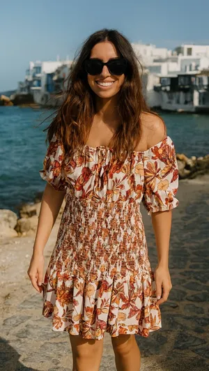 Cato Floral Mini Dress - Brown and Cream thumbnail 1