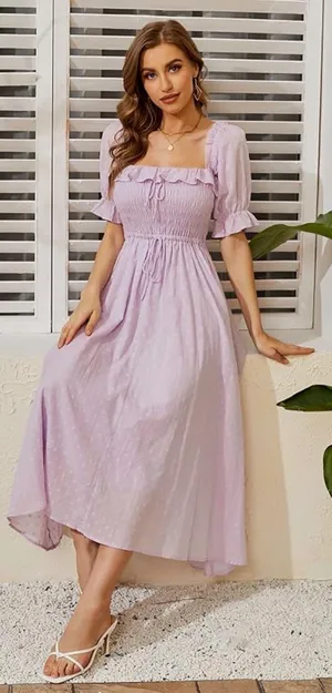 R.YIPOSHA Mauve Swiss Dot Smocked Cottagecore Midi Dress L 12/14 thumbnail 1