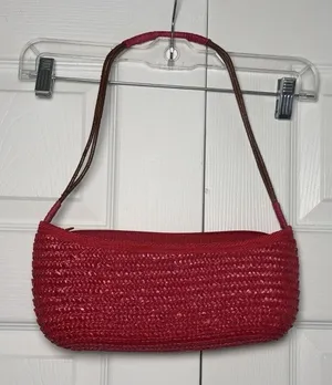 Y2K Straw Baguette Bag Womens Size S‎ Red Woven Wheat Straw Vintage Boho thumbnail 1
