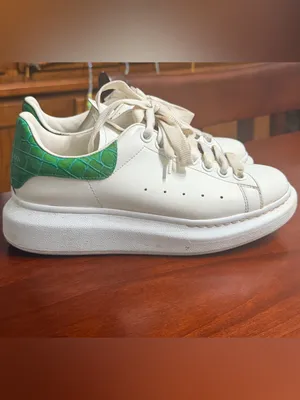 Alexander McQueen White Leather Platform Sneakers with Green Croc Heel thumbnail 4