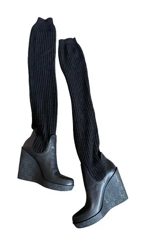 Gucci Aspen Wool Babylon Black Wool Knit Over the Knee Wedge Size 9.5 Women's thumbnail 1