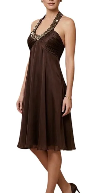 Anne Klein Brown Silk Gold Ring Necklace Halter Dress 10 Marilyn Monroe Flare thumbnail 1