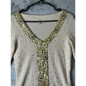 Vintage 100% Cashmere Sequin Beaded Embellished Sweater Medium Ivory Gold Y2K thumbnail 2