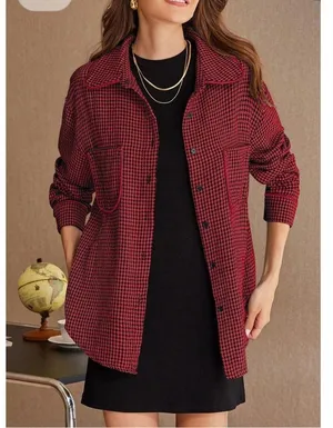 NEW Houndstooth Shacket Jacket Long Sleeve Button Down Shirt XL Red thumbnail 5