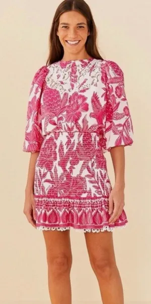 Farm Rio Tropical Woodcut Dress Pink Floral Appliqué Lace Resort Wear Smocked L thumbnail 1