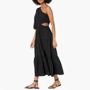 The Drop One Shoulder Cut-Out Tiered Midi Dress Large thumbnail 2
