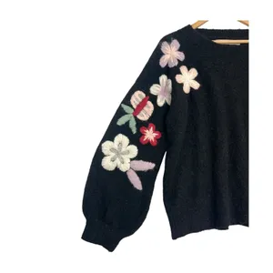 Boundless North Sweater Womens Large Black Wool Blend Floral Embroidered Boho thumbnail 6