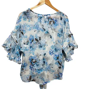 Umgee Women Top‎ S Blue Cottage Floral Chiffon Tie Front Ruffle Flutter Sleeve thumbnail 2