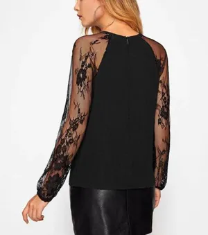 SheIn Grunge Lace Mesh Sleeve Pleated Top thumbnail 2