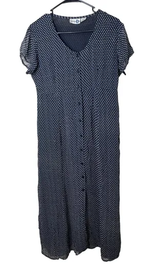 Vintage Paul‎ Harris Design Navy White Polka Dot Maxi Dress Button Front M thumbnail 1