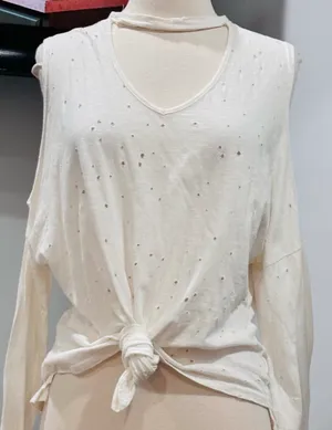 Poof! Distressed Ecru/ Off White Choker Cold-Shoulder Tie-Front Top thumbnail 1