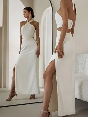 Commense Crisscross Cutout Halter Split Knit Long Dress size small White thumbnail 1