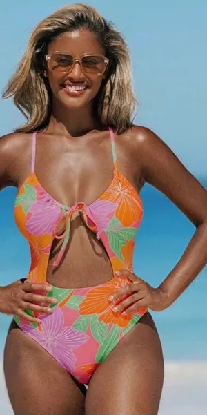 Cupshe NWT Tropical Floral Impressions Cutout One Piece Swimsuit Hot Neon Pink Size S thumbnail 1