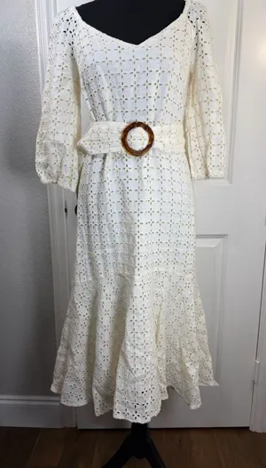 Maeve by Anthropologie White Eyelet Linen Belted Maxi Dress thumbnail 1