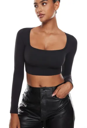 Inlyric Womens Natrelax Stretch Square Neck Basic Long Sleeve‎ Crop Top Size S thumbnail 1