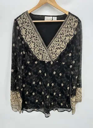 Fashion Bug Top Large Black Gold Silk Dark Fairy Whimsigoth Sheer Glam Artsy‎ thumbnail 1