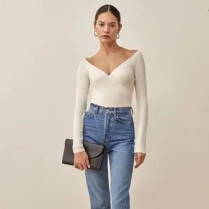 Reformation Minnie Ivory V-Neck Wrapped Knit Long Sleeve Ribbed Sweater Top XS thumbnail 6