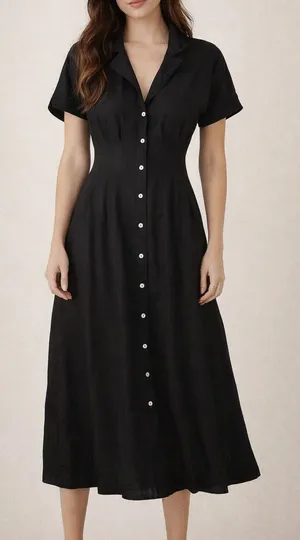 Halston Linen Blend Short Sleeve Midi Shirt Dress Black 4 thumbnail 1