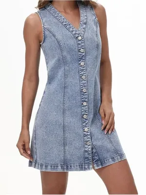 Frye denim mini dress button-front closure sleeveless coastal cowgirl western thumbnail 1