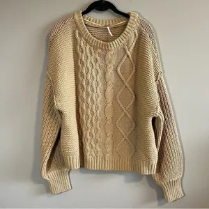 Free People Women’s Dream Cable Knit Tan‎ Sweater Oversized Small thumbnail 2
