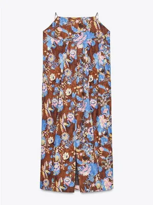 NWT Zara Floral Midi Apron Cotton Brown Dress Sz L thumbnail 10