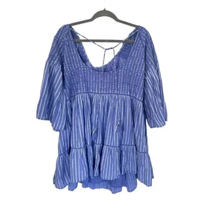 Free People Lola Boho Striped Tiered Dress Chambray Blue Embroidered Lagenlook‎ thumbnail 5