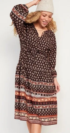 Old‎ navy new Long-Sleeve Waist-Defined Tiered Poet Midi Dress for Women Tall thumbnail 1
