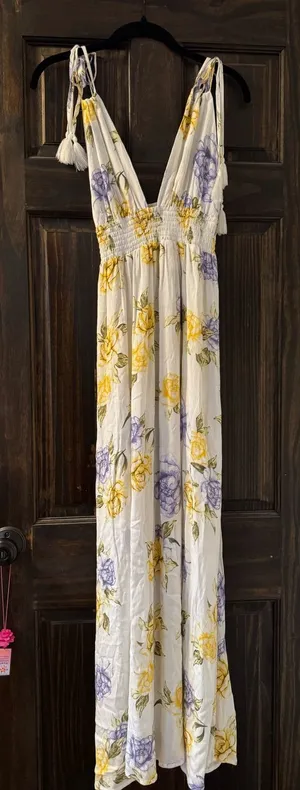 Forever 21 White Maxi Dress with Yellow & Lilac Floral Print thumbnail 1