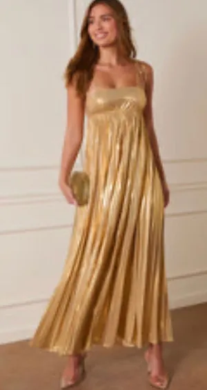 Gold pleated maxi dress thumbnail 1