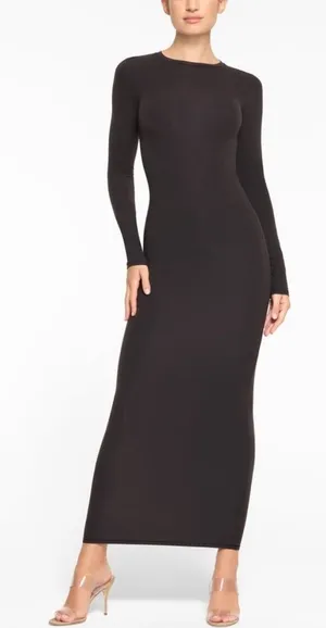 Skims Fits Everybody Crewneck Long Sleeve Maxi Dress Onyx Black Size XS thumbnail 1