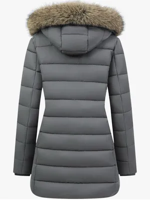Women's Gray Quilted Long Puffer Coat with Faux-Fur Trim Hood thumbnail 6