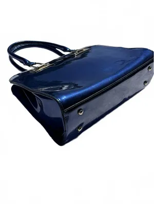 Vintage Blue Leather Satchel Handbag Designer Tote Shoulder Bag Structured Purse thumbnail 3