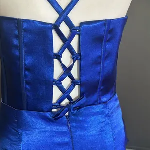 Women’s Blue Full Length Prom Dress CrissCross Straps Leg Slit Size 6 *READ thumbnail 12